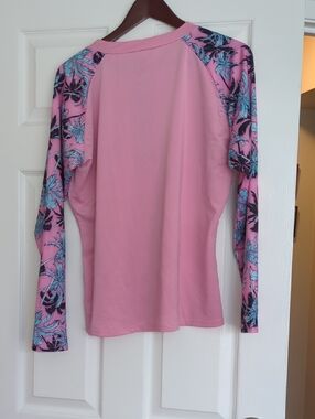 Women's Pink Long Sleeve Rash Guard with Tropical Print Sleeves